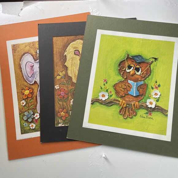 Edna Vierra Print Lot Lion Owl Elephant 1970s Kitsch Retro Decor - Picture 2 of 11